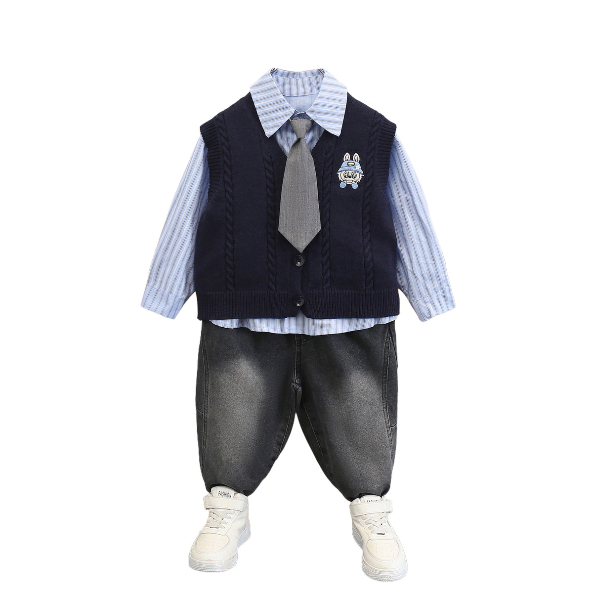 Boys' 3-Piece Knit Vest and Shirt Set - Preppy Style Fall Outfit