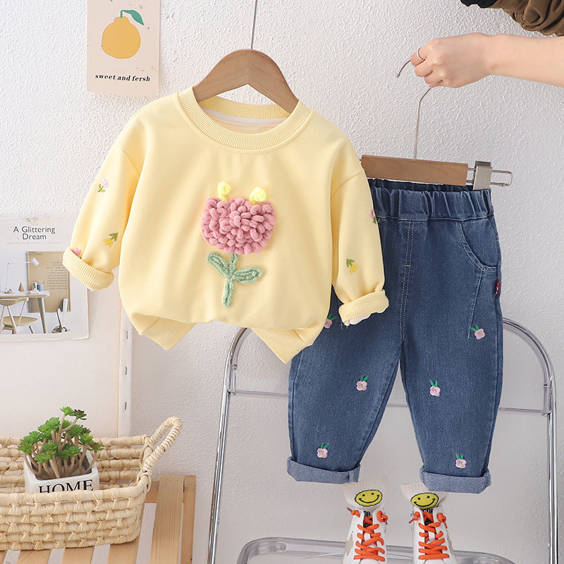 Girl Floral Applique Sweatshirt and Embroidered Denim Pants Set