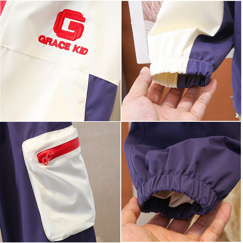 Boy Colorblock Hooded Windbreaker Jacket & Cargo Pants Set