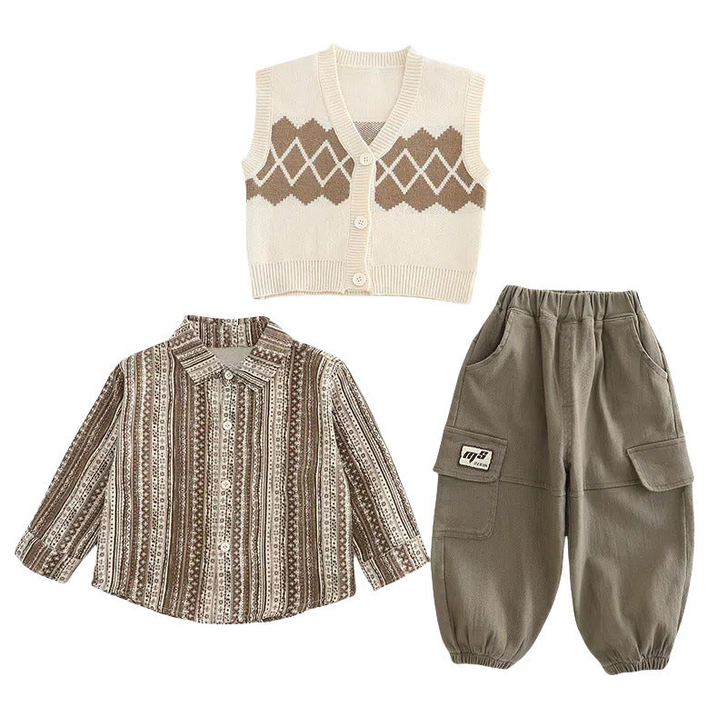 Boy Argyle Vest, Shirt & Cargo Pants Set