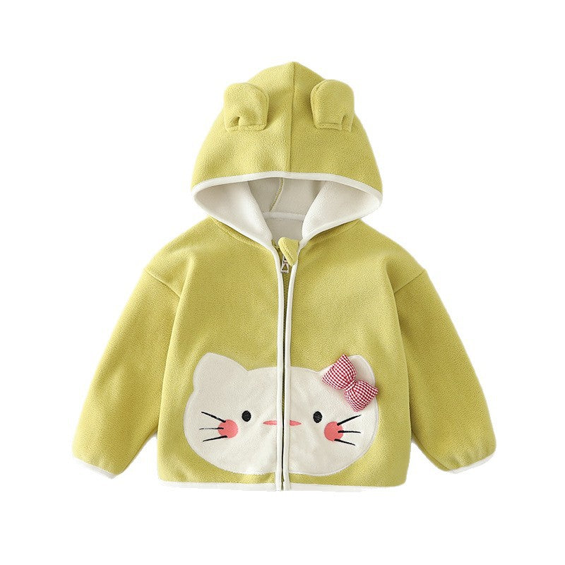 Girl Cute Cat Ear Applique Hooded Fleece Jacket