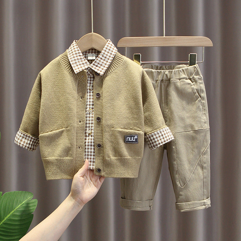 Boy Casual Plaid Shirt, Cardigan Top With Pants Set