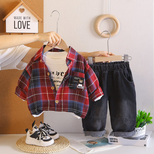 Boys Kids Plaid Shirt Jacket T-shirt Pants Casual Outfit Set