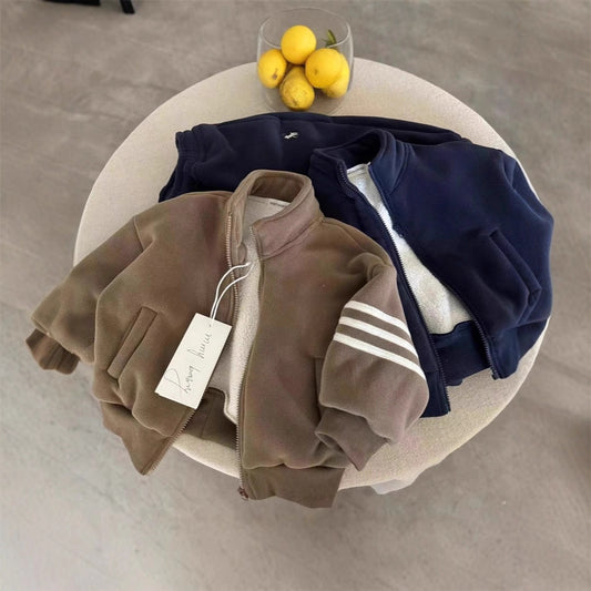Boy & Girl Striped Sleeve Sherpa Fleece Jacket & Joggers Set
