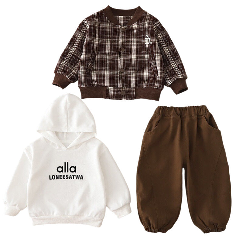 Boy Plaid Jacket, Hoodie & Jogger Pants Set