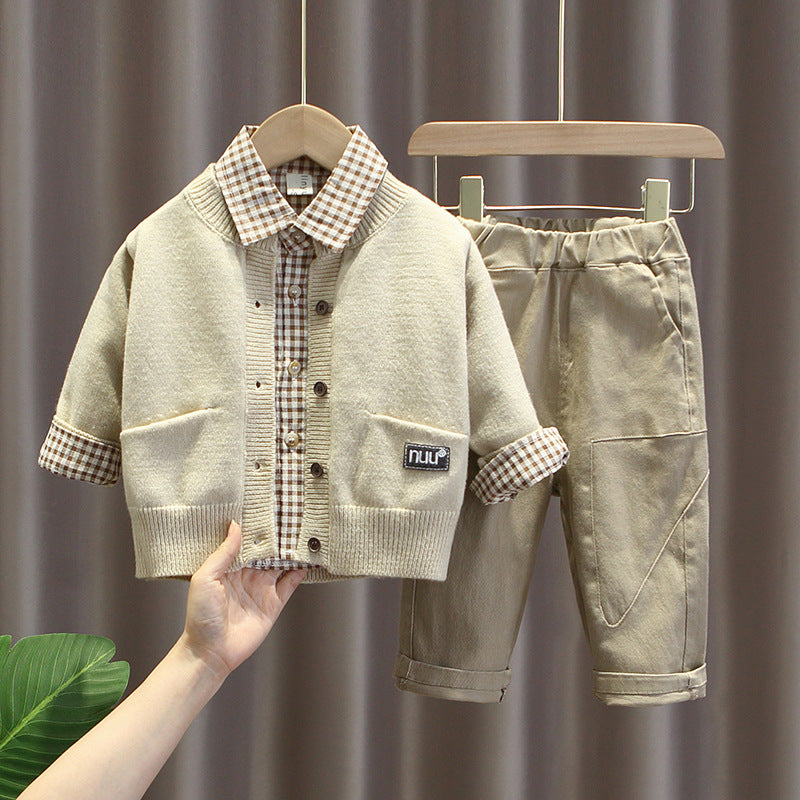 Boy Casual Plaid Shirt, Cardigan Top With Pants Set