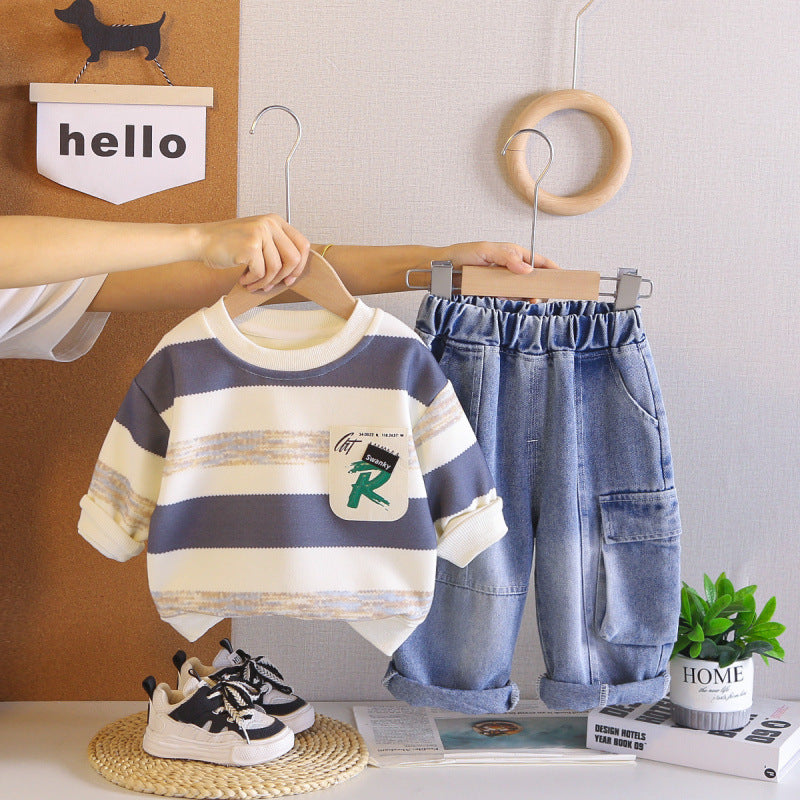 Boy Striped Pocket Sweater & Denim Cargo Pants Set