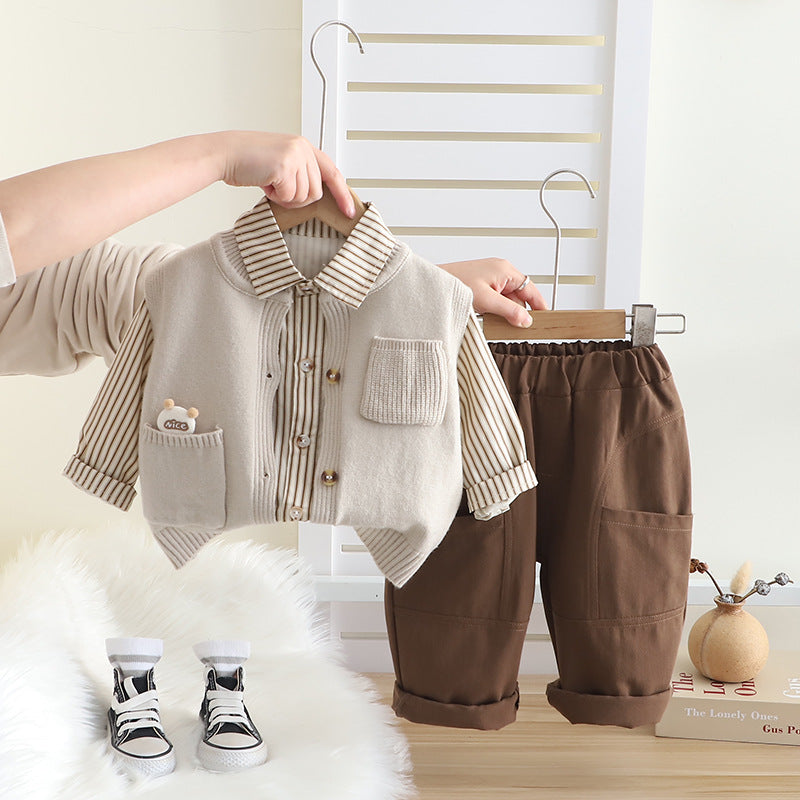 Boy Striped Shirt with Knit Vest and Cargo Pants Set