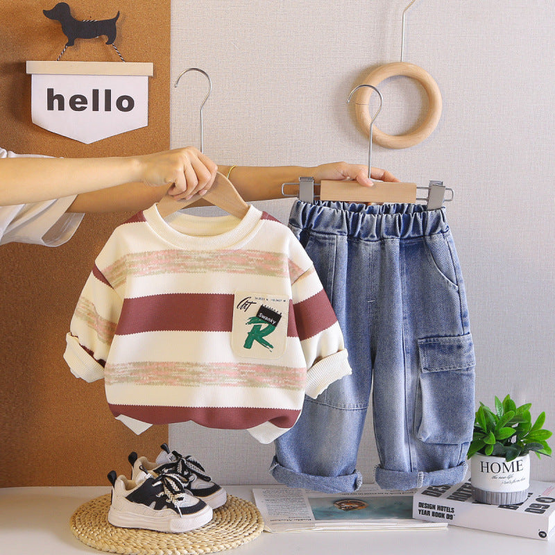 Boy Striped Pocket Sweater & Denim Cargo Pants Set
