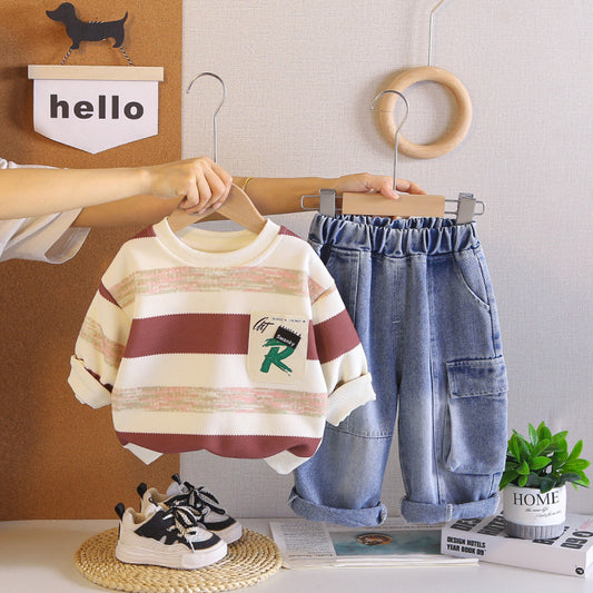Boy Striped Pocket Sweater & Denim Cargo Pants Set