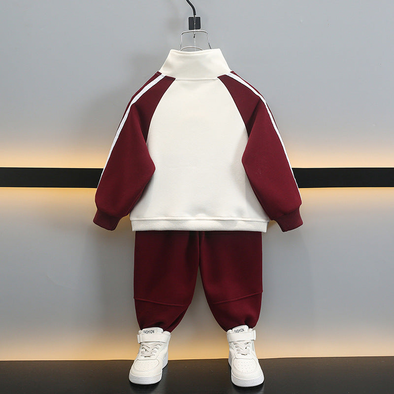Boy Contrast Zip Pullover Top & Jogger Pants Set