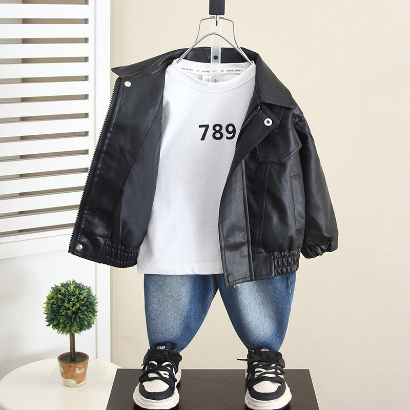 Boy Faux Leather Jacket Denim Pants 3-Piece Set