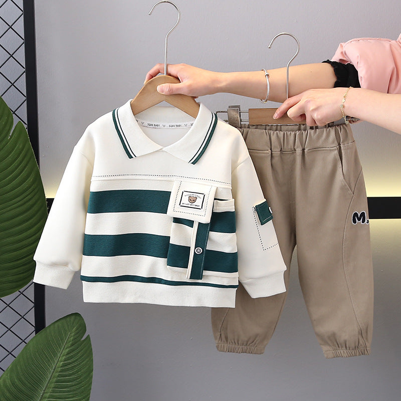 Boy Striped Collar Top & Casual Pants Set