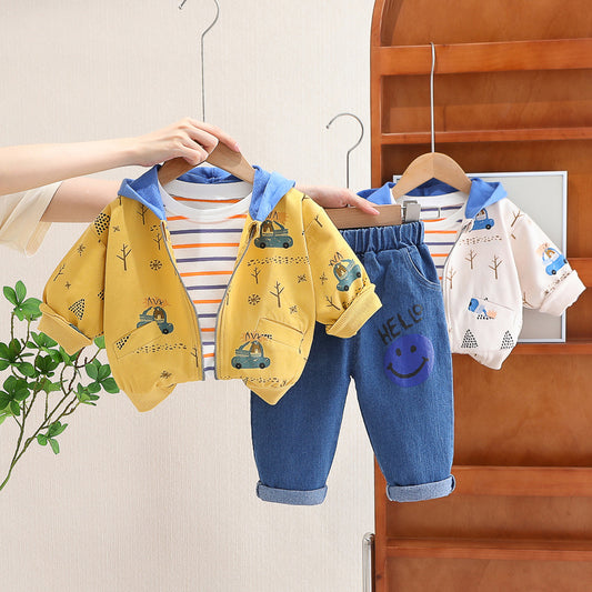 Boy Printed Hooded Jacket Striped Top & Jeans 3-Piece Set