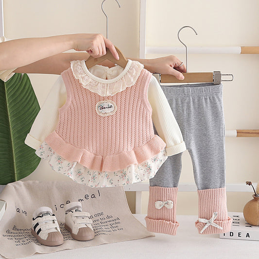 Girls Floral Print Knit Three-Piece Sweater Set