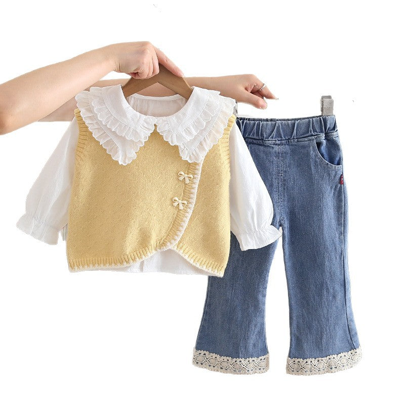 Soft Knit Vest, Blouse & Lace Trim Denim Pants Set