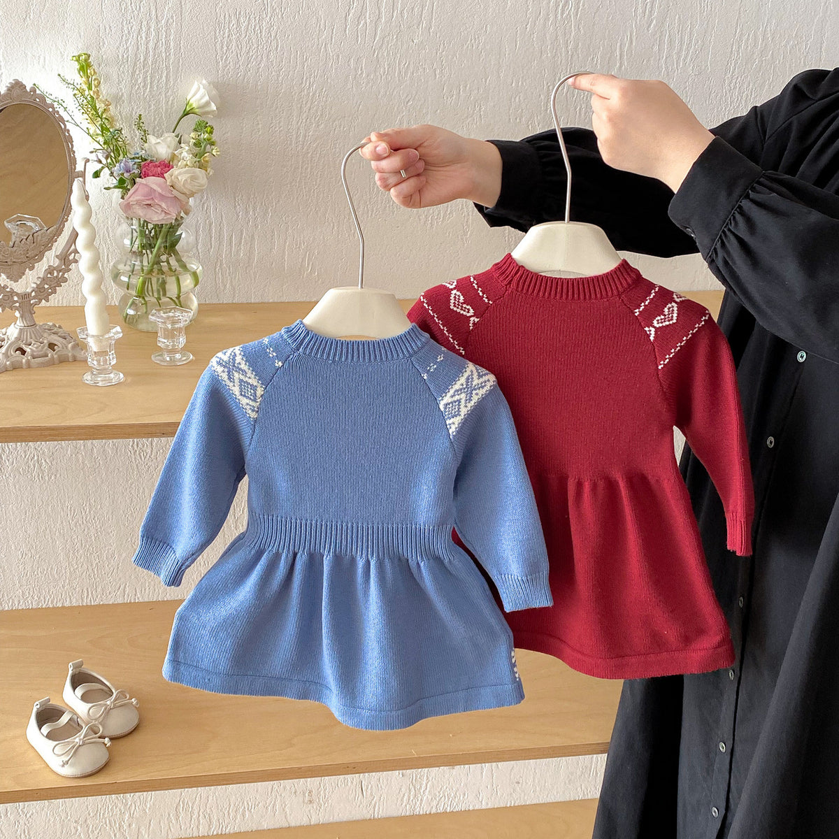 Girl Pattern Knit Long Sleeve Dress
