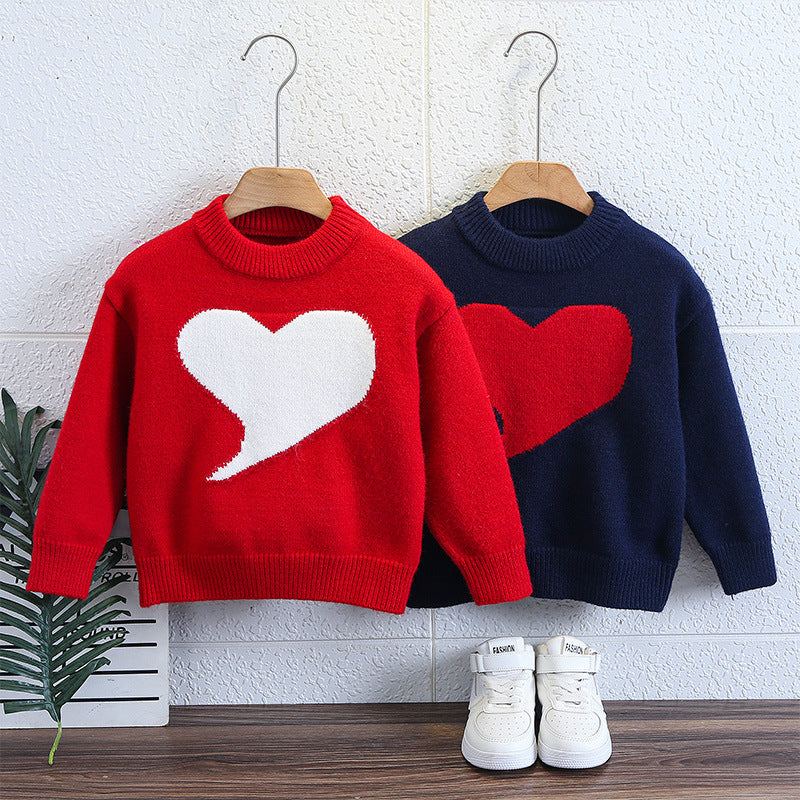 Boys' Stylish Heart Pattern Raglan Sleeve Crew Neck Pullover Sweater