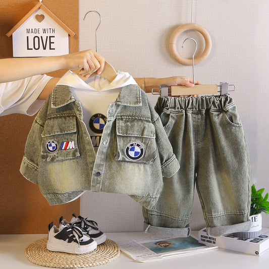 Boys Denim Patch Hooded Jacket Set