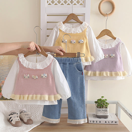 Girl Cute Ruffle Collar Knit Vest, Shirt & Denim Pants Set