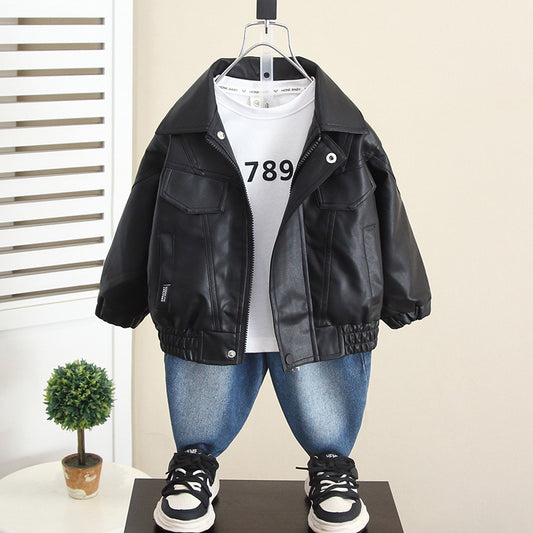 Boy Faux Leather Jacket Denim Pants 3-Piece Set
