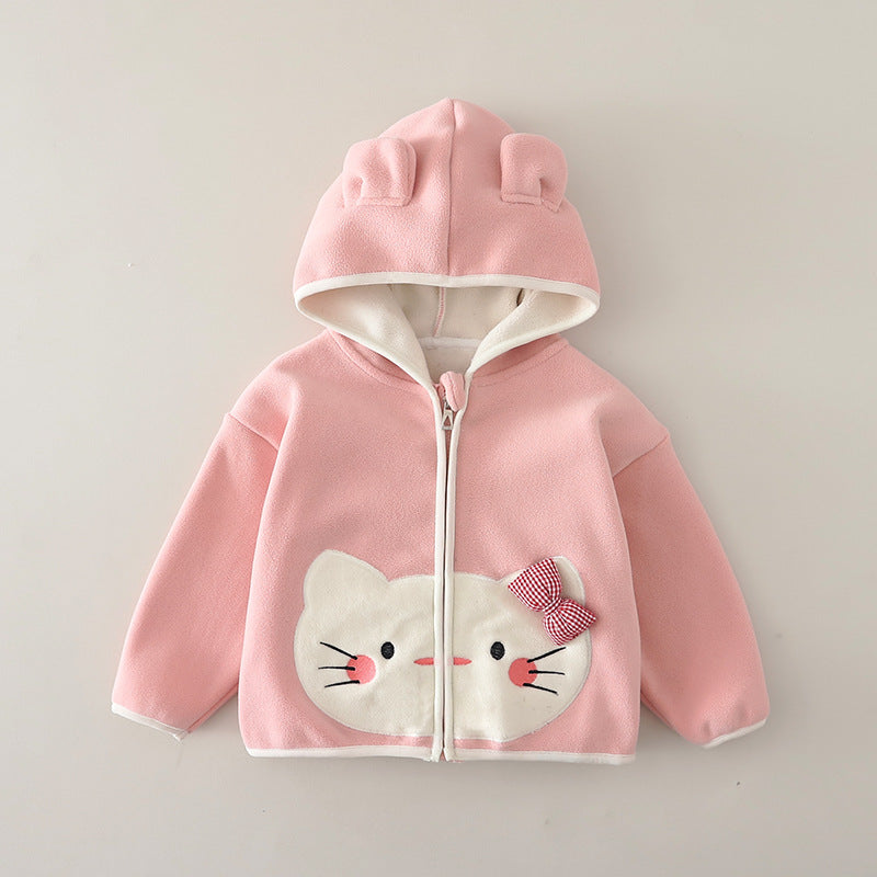 Girl Cute Cat Ear Applique Hooded Fleece Jacket