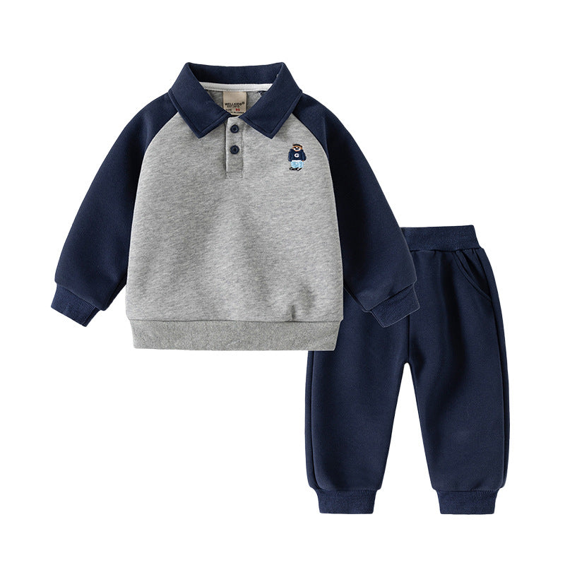 Children's Polo Neck Sweatshirt Set, Kids Casual Two-Piece Outfit