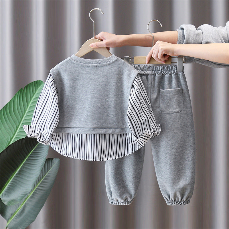 Boy Casual Striped Shirt Layered Sweatshirt Jogger Set
