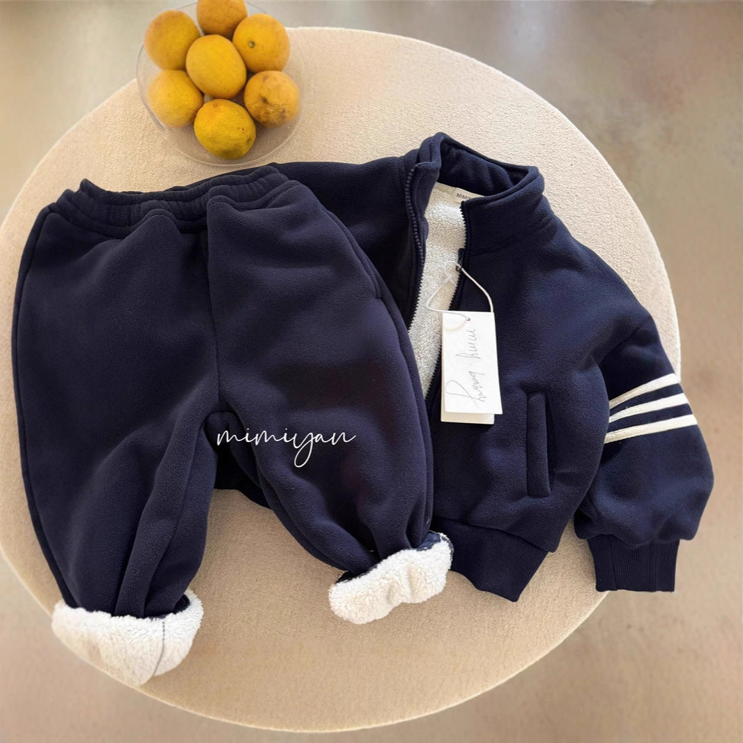 Boy & Girl Striped Sleeve Sherpa Fleece Jacket & Joggers Set