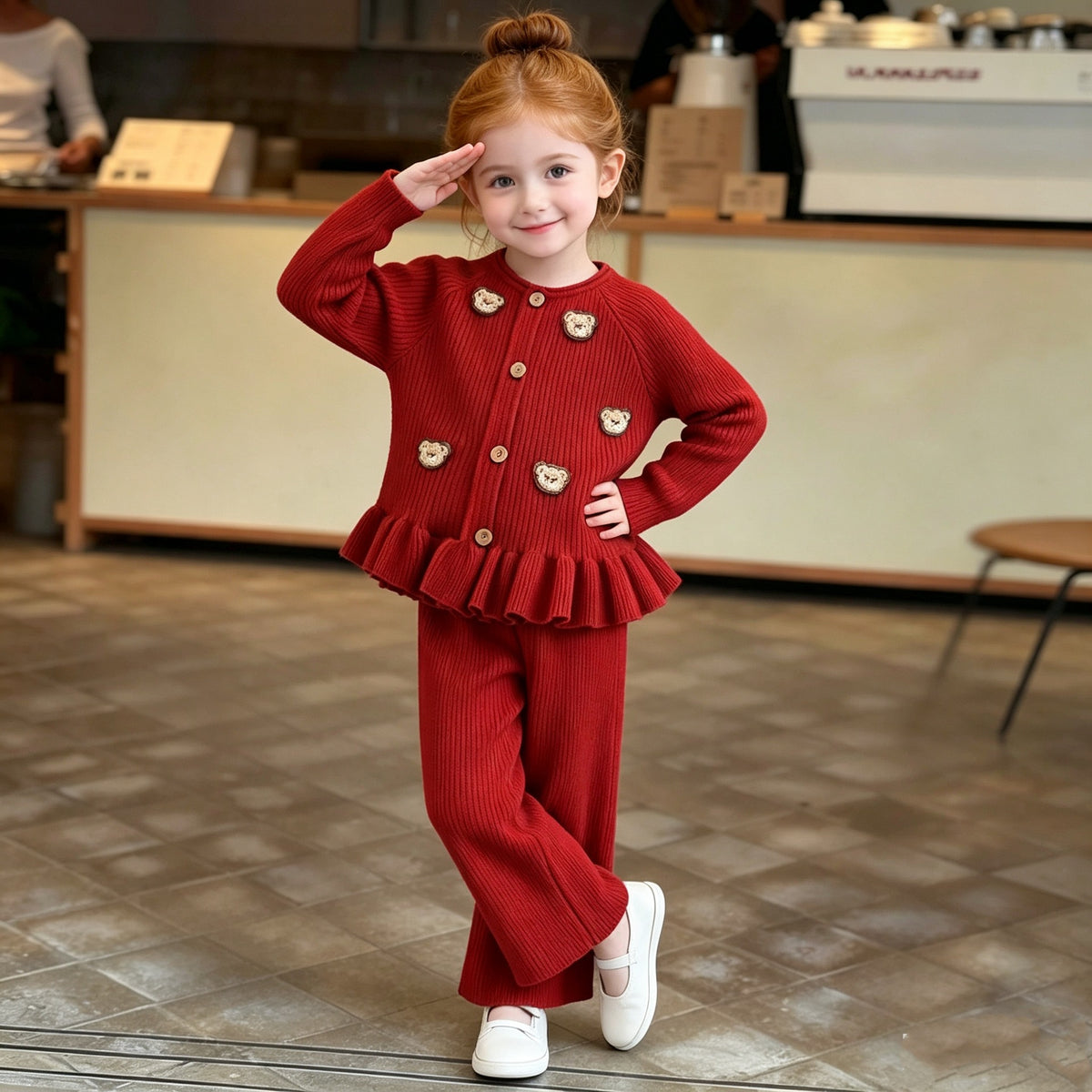 Girl Bear Applique Knit Cardigan & Pants 2-Piece Set