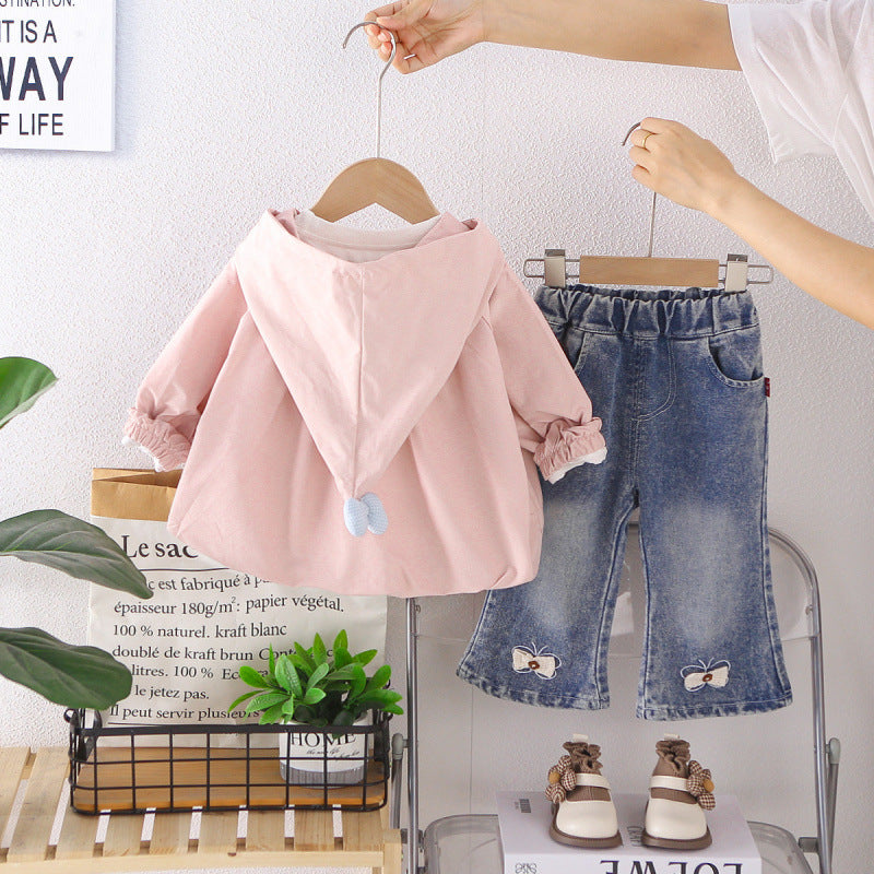 Girl Cute Hooded Jacket & Butterfly Jeans Set