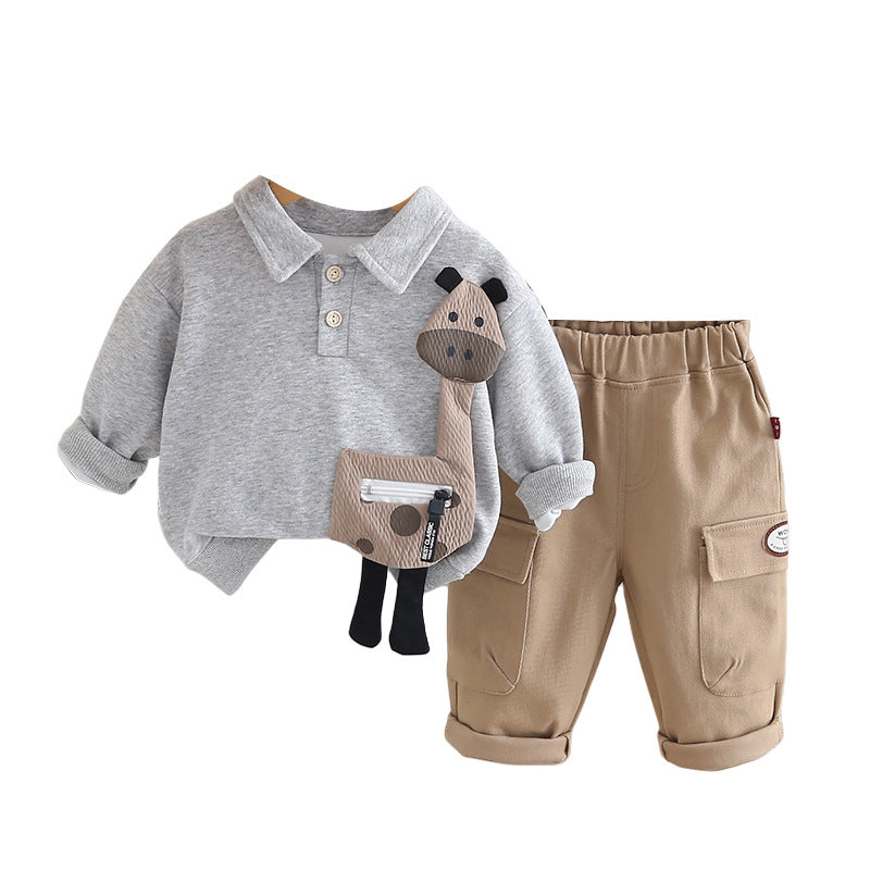 Boy Giraffe Applique Collar Top & Cargo Pants 2-Piece Set